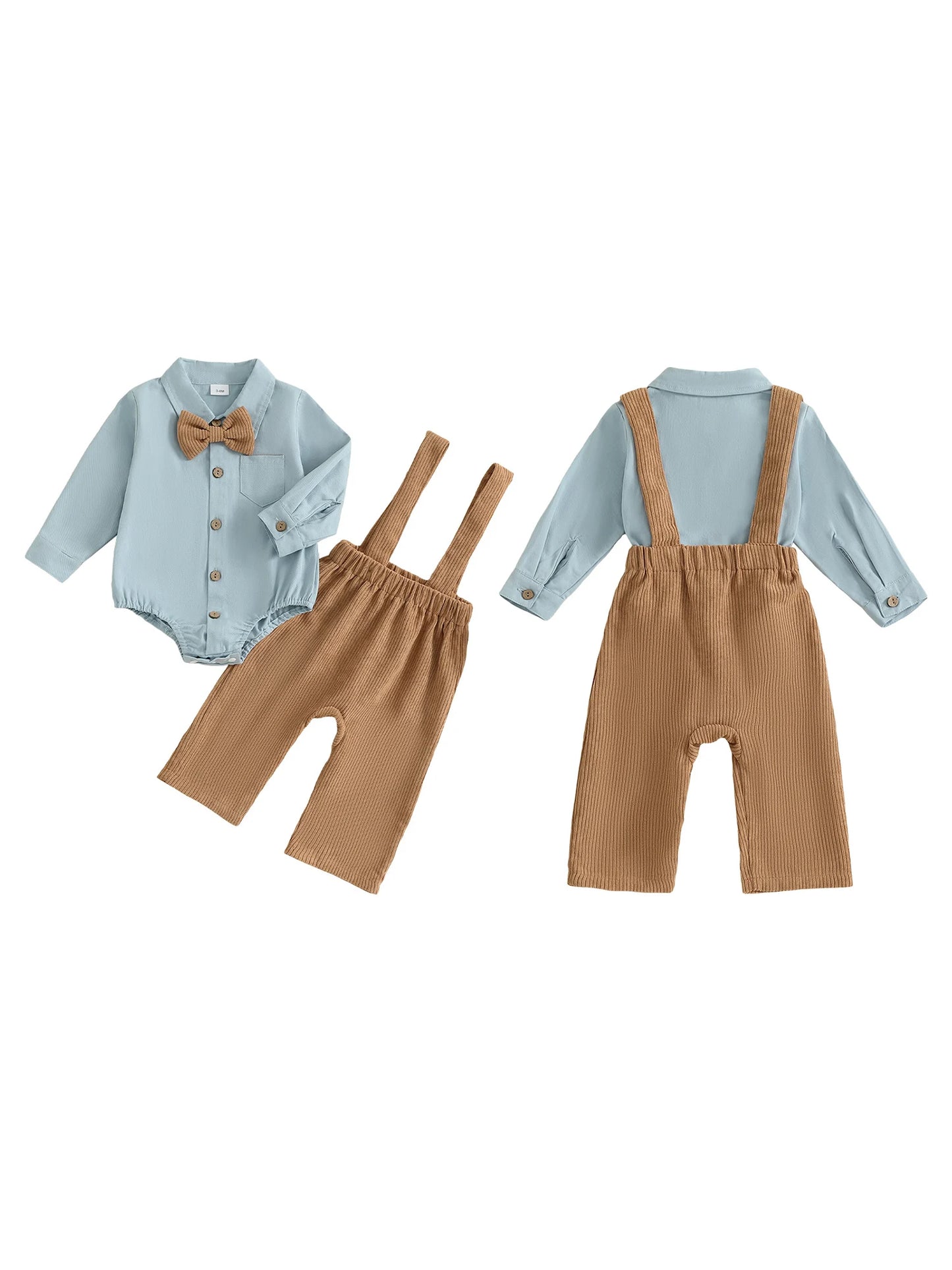 Baby Boy Formal Wear Set Solid Color Button up Shirt Romper with Bow Tie and Suspender Pants for Gentleman Style