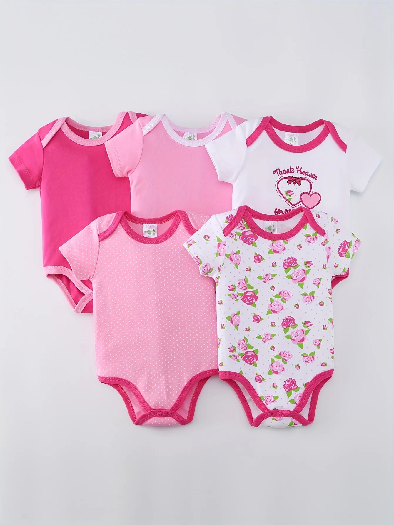 5pcs Baby Girls Short Sleeve Triangle Bodysuits, Cotton Breathable Floral & Heart Print Outfits, Essential Wear for Newborns, Hospital & Outdoor Use, Crew Neck, Perfect for Outdoor