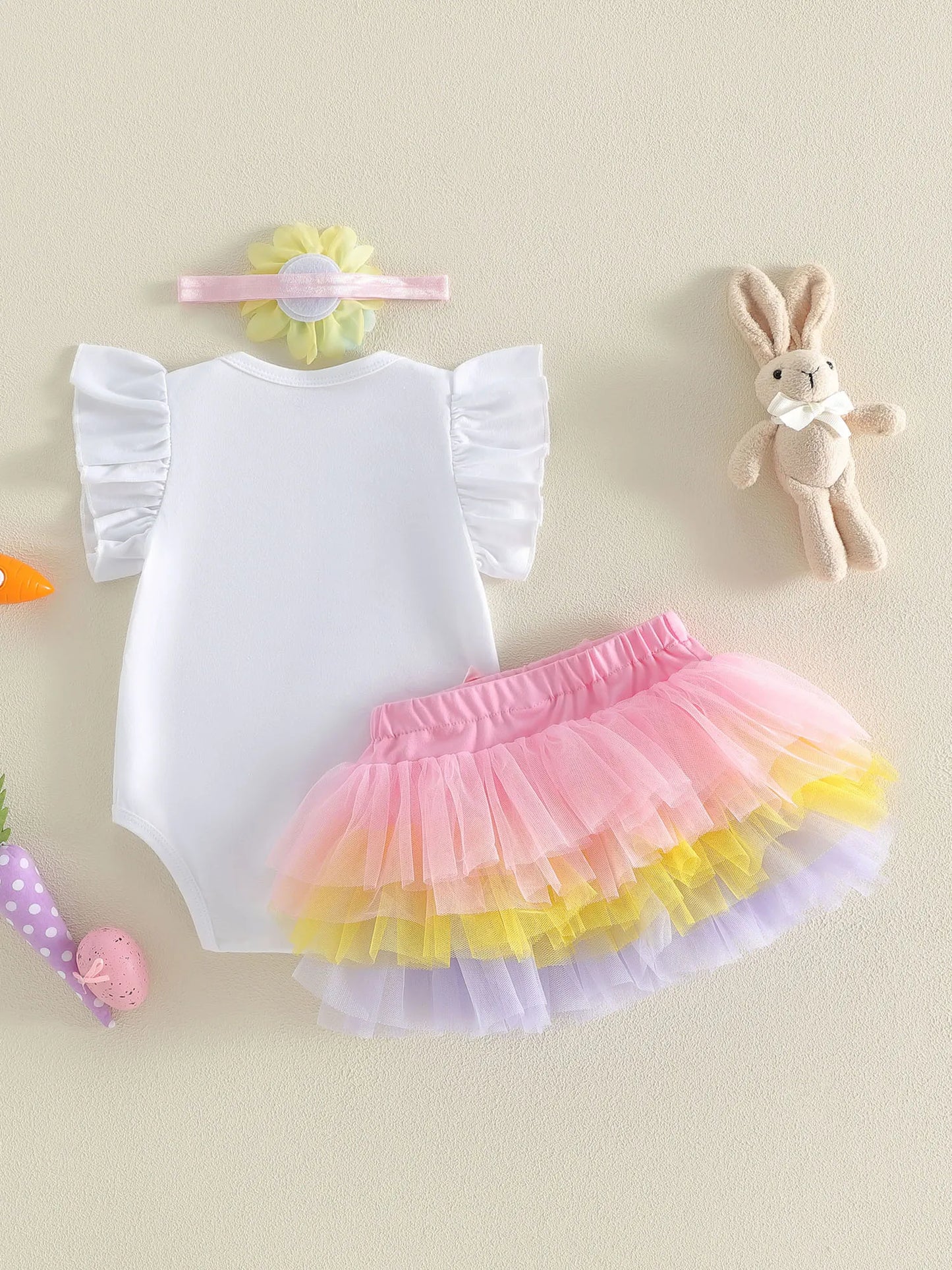 Cute Baby Girls Easter Bunny Romper Dress with Matching Headband and Bow Set for Spring Celebration