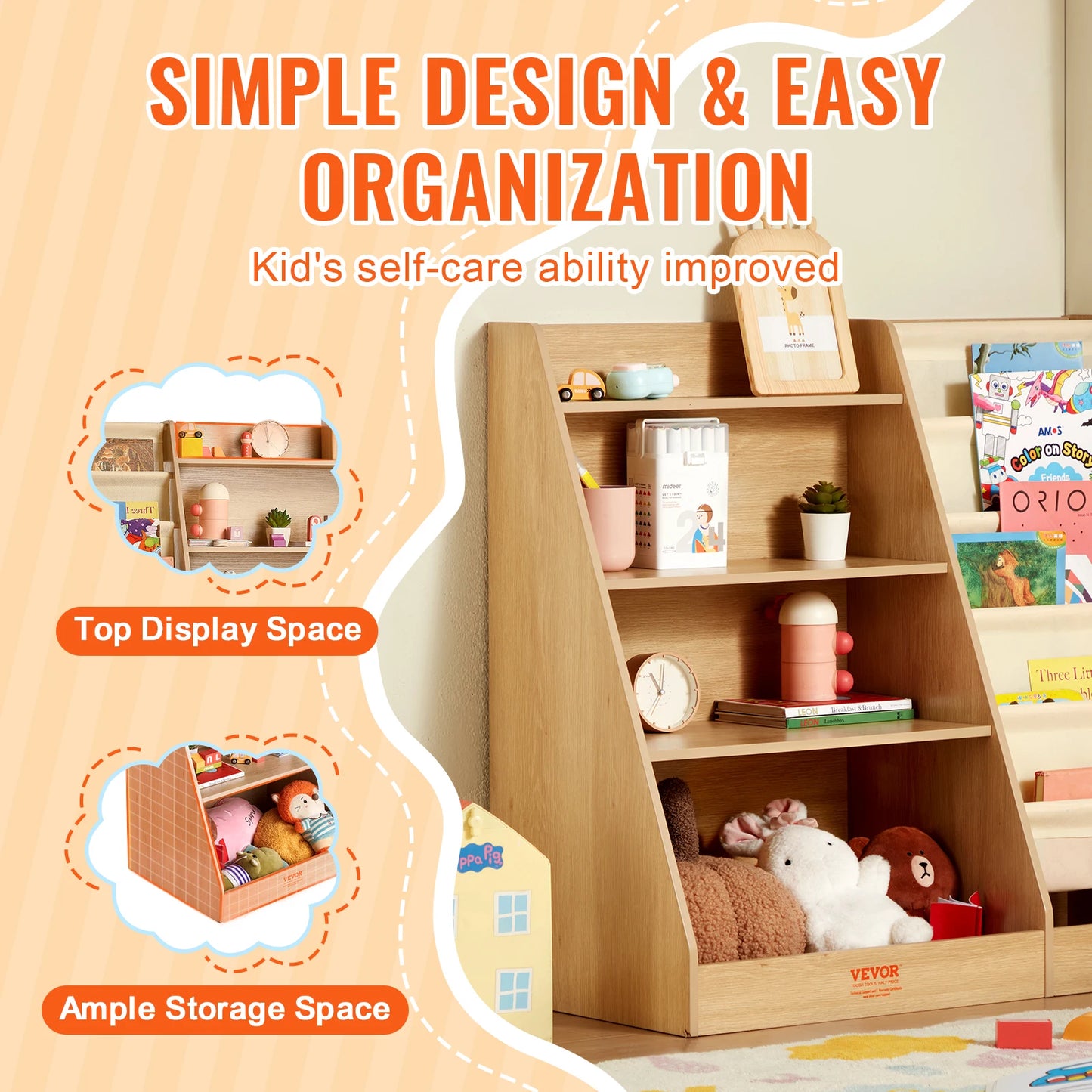 SucceBuy 4-Tier Kids Wooden Bookshelf 6-Layer Sling Bookcase Baby Storage Book Rack for Kids Room Playroom Kindergarten Nursery