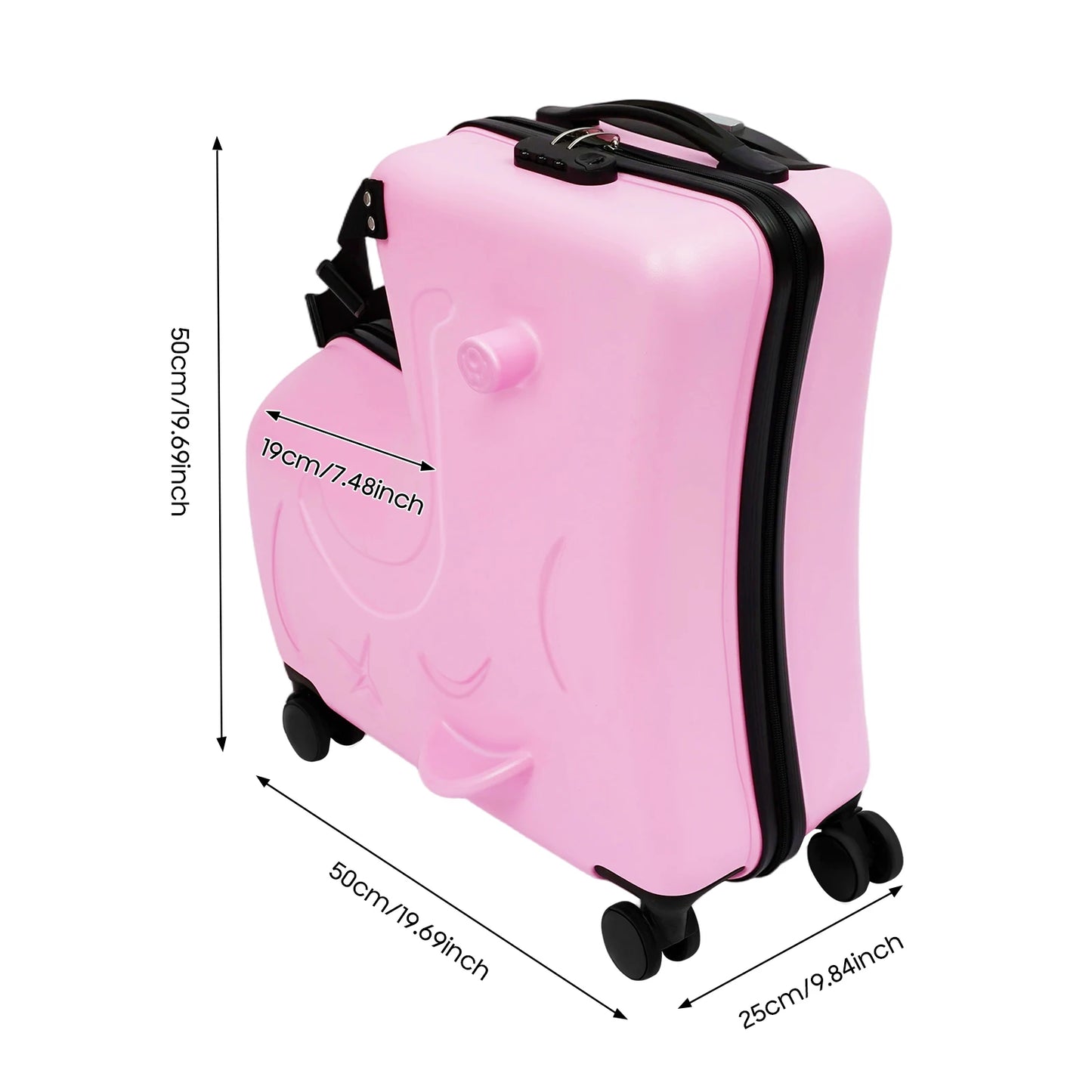 20" Kids Ride-On Suitcase Portable Kids Trolley Suitcase, Children's Trolley Case w/ Seat Pink Travel Luggage w/ 4 Wheels Lock