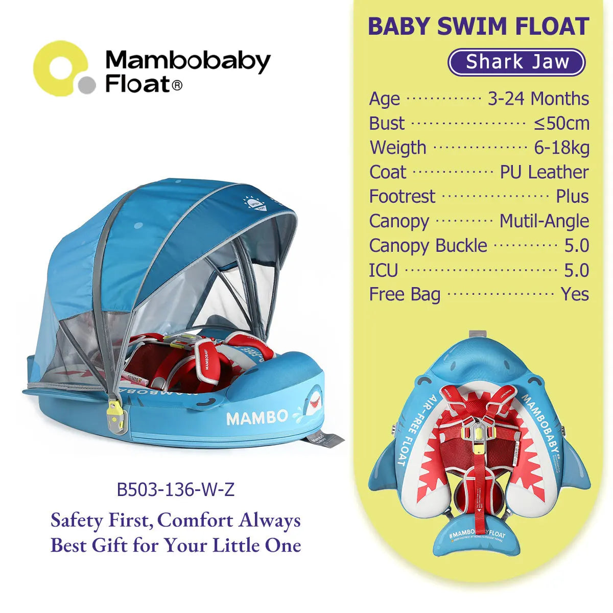 Mambobaby Float No-Slip Safe Harness ST-Cup Cake B503-150-W-Z  Safe Core No Inflation No Leaks Baby Swim Ring Toddler Pool Float