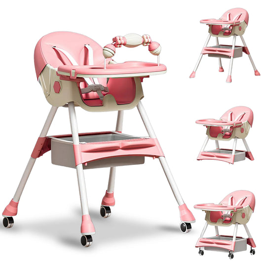Baby Dining Chair Foldable Baby High Chair 6 Months Plus With Toyrack Easy To Clean Feeding With Brakeable Universal Wheel