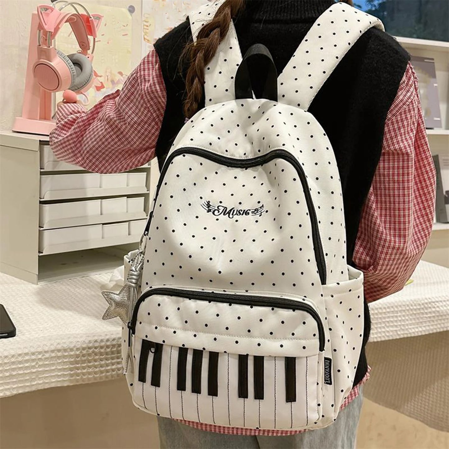 Nylon Polka Dot Piano Key Backpack 16.9 Inch with Pendant Travel Daypacks for Teen Girls Travel Shopping Daily Use
