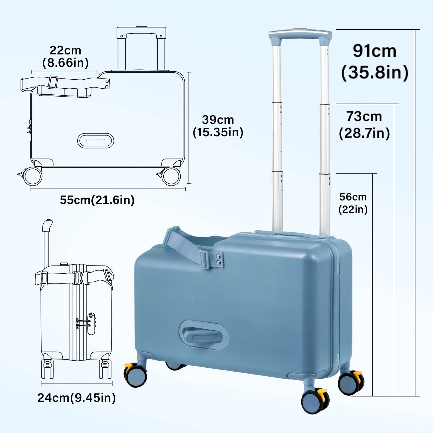 Kids Ride-On Suitcase Children's Travel Suitcase 20 Inch Travel Carrier Cabin Case with Foot Pedal, Wheels, Safe Harness Stroller