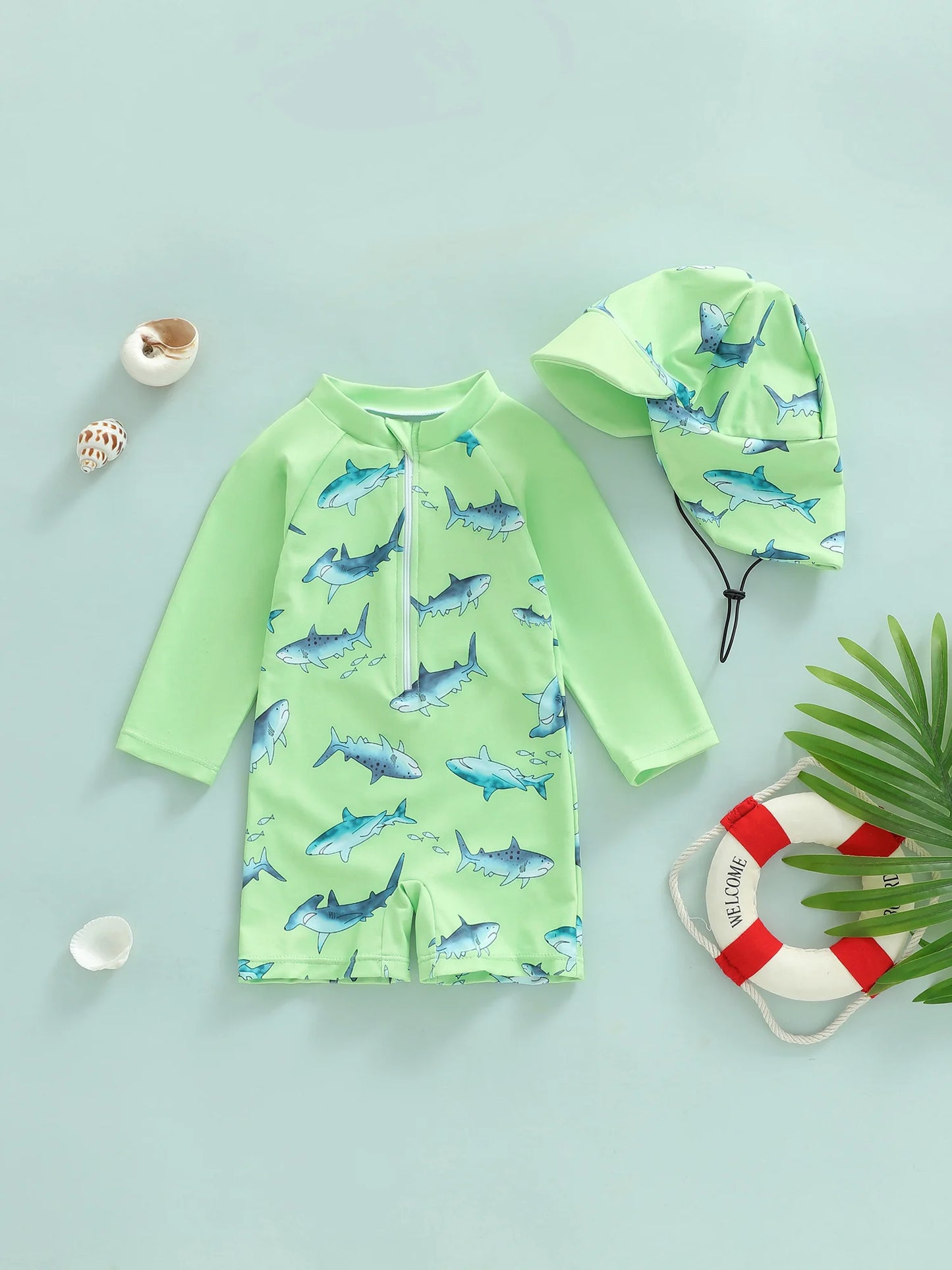 Baby Boys  Rash Guard Swimsuit with Shark Print and Zipper Closure Long Sleeve Bathing Suit with Matching Swim Cap