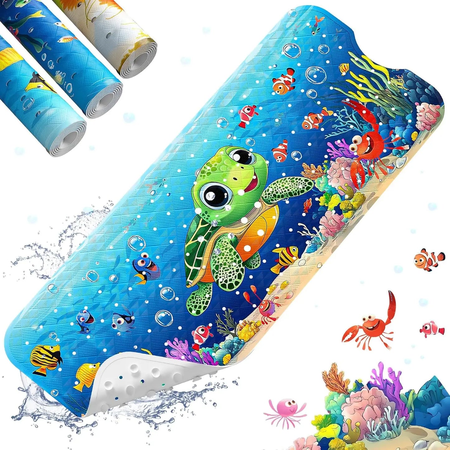 Non-Slip Cartoon Turtle Baby Bath Mat for Tub, 40x16 Inches with Suction Cups & Drain Holes, Easy Clean and Quick Dry