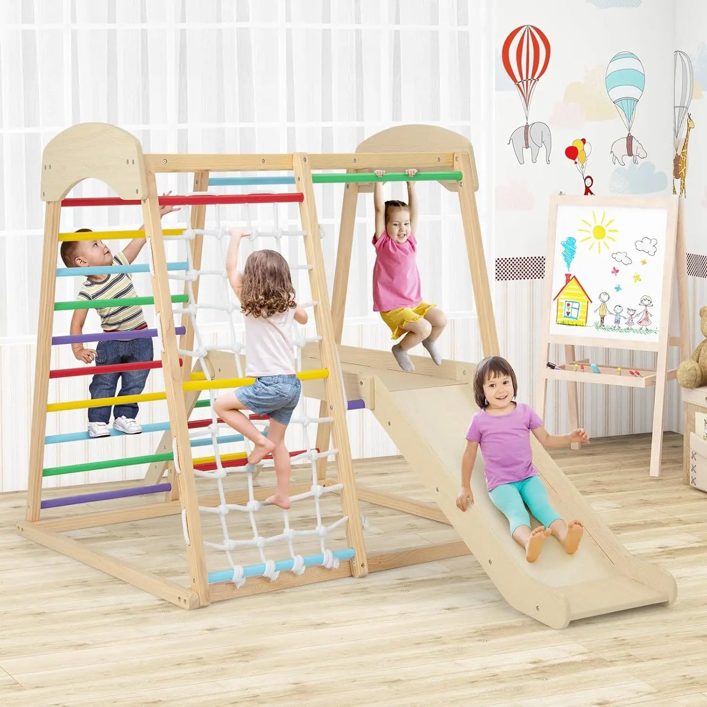 Kids Indoor Jungle Gym, Large 6-in-1 Playground Climber with Slide Ramp, Monkey Bars, Climbing Net, Ladder, Wooden Montessori