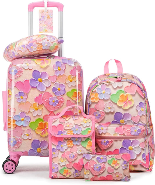 Kids' 6-Piece Hardside Luggage Set with Spinner Wheels, Airline Approved Carry-On for Travel