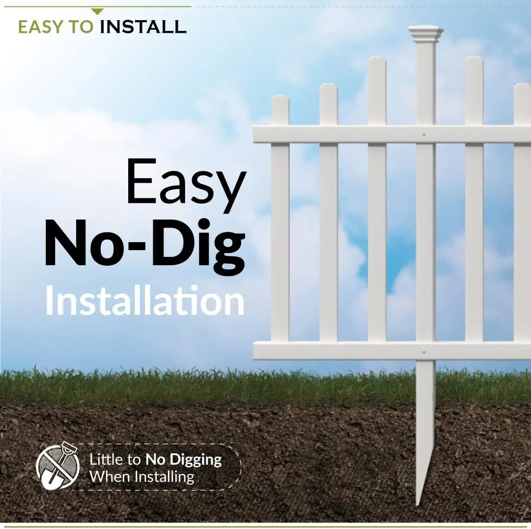 Easy Install No Dig Fence Kit - 2 Panels White Vinyl Garden Border for Yard, Dog Playpen & Child Safety