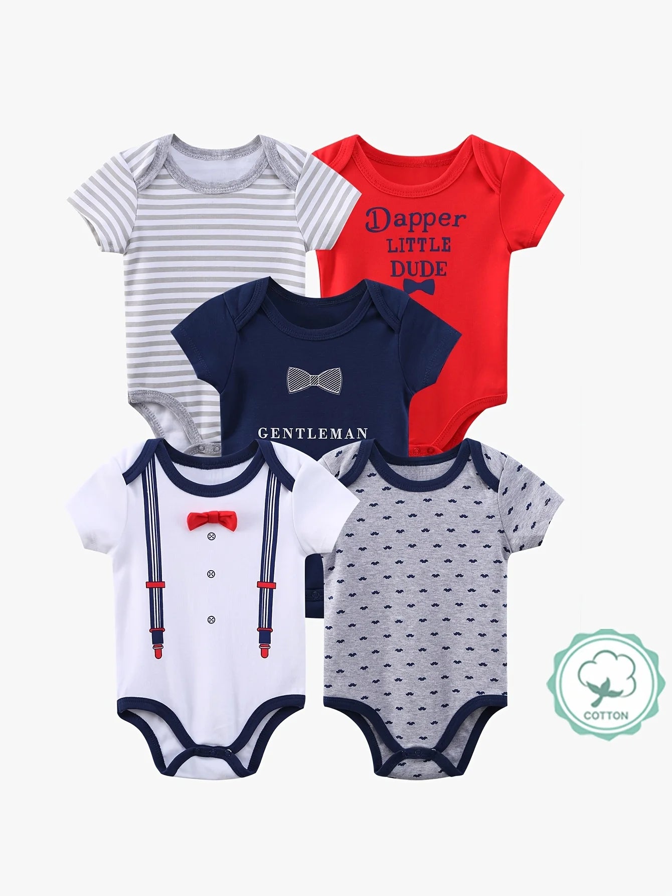 5pcs Baby Boys Short Sleeve Triangle Bodysuits, Cotton Gentleman Rompers with Bow Tie, Spring & Summer Outdoor Wear, Essential Newborn Hospital Clothes, Perfect for Outdoor