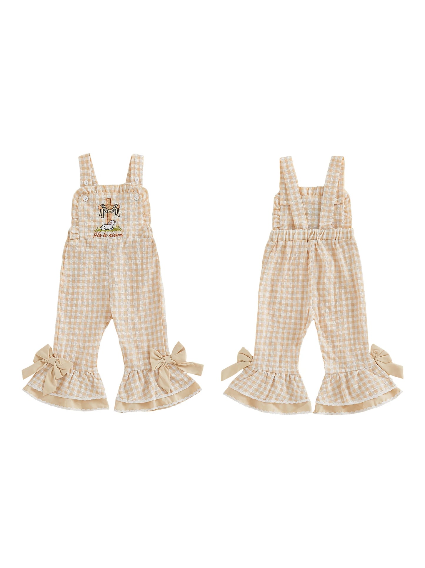 Toddler Girls Romper Jumpsuit Sleeveless Plaid Rabbit Embroidery Bell Bottom Overalls Kids Easter Clothes