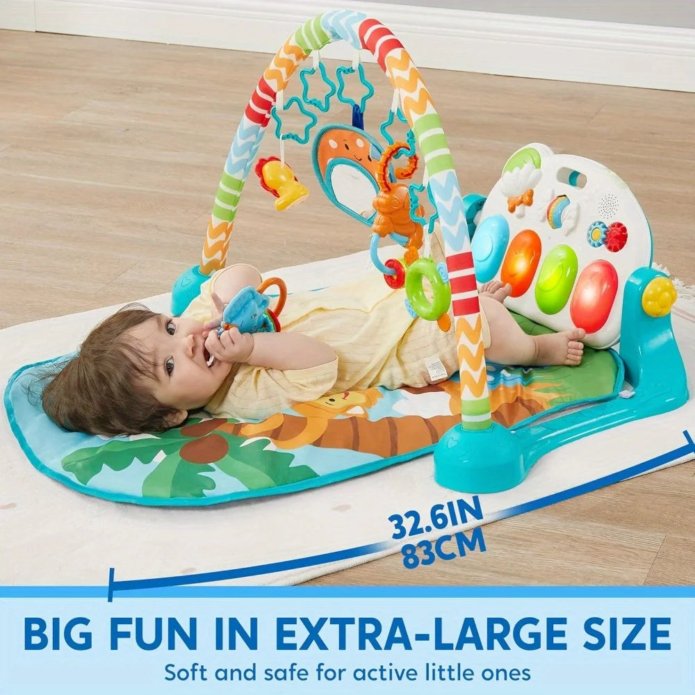 JOYFY Baby Play Mat Tummy Time Mat Toy for 0-6 Months Baby Musical Learning Toy Adorable Animal-Themed Play Gym with Piano Panel