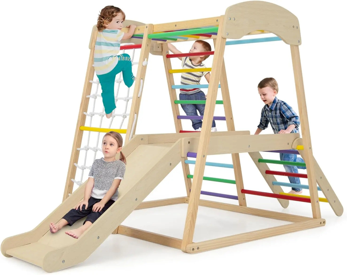 Kids Indoor Jungle Gym, Large 6-in-1 Playground Climber with Slide Ramp, Monkey Bars, Climbing Net, Ladder, Wooden Montessori
