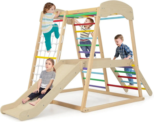 Kids Indoor Jungle Gym, Large 6-in-1 Playground Climber with Slide Ramp, Monkey Bars, Climbing Net, Ladder, Wooden Montessori