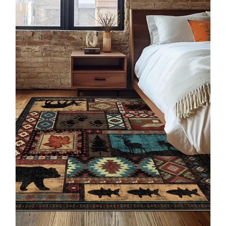 Rustic Cabin Area Rug 5x7,Machine Washable Lodge Bear Rug