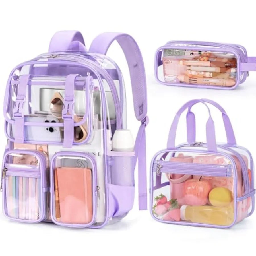 Clear Backpack for Girls - 3 PCS Heavy Duty Boys Clear Bags Schoolbag Large Transparent PVC Bookbag with Lunch Box Pencil Case