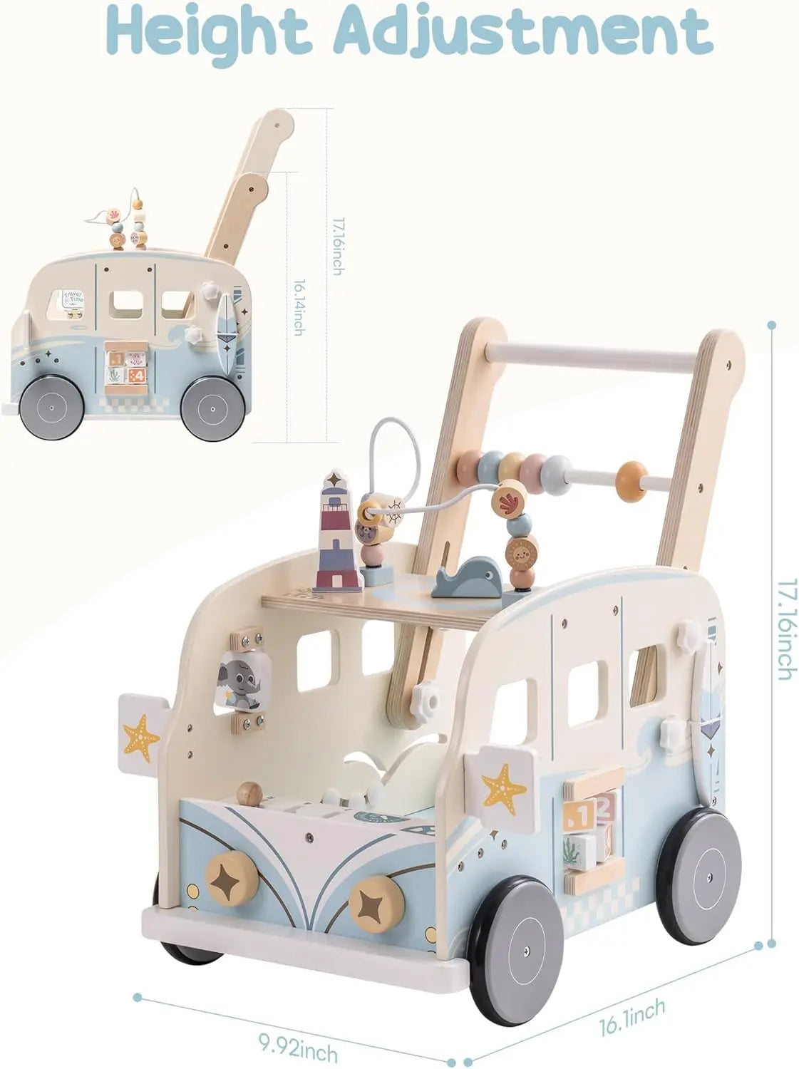 Robotime Robud Wooden Baby Walker Baby Push Along Activity Walkers with Wheels Multifunctional Baby Walker