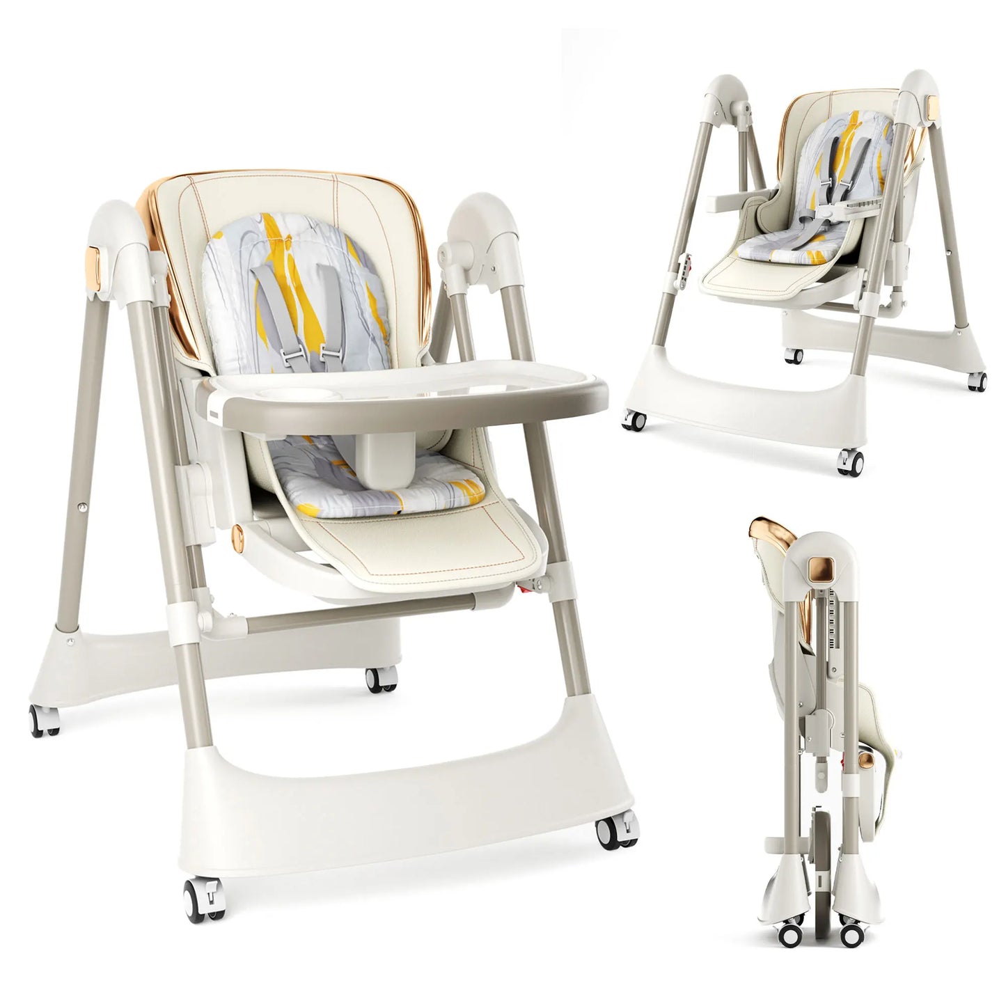 6-in-1 Baby High Chair Baby Swing Combo Convertible Highchair for Infants Toddlers With 6 Heights 4 Recline Foldable With Wheels