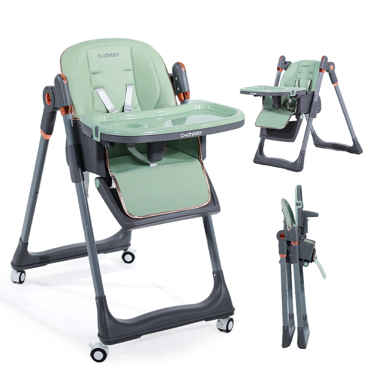 Baby High Chair, 3-in-1 Foldable Booster Seat with Adjustable Height, Recliner, 5-Point Safety Harness, Removable Tray, Lockable