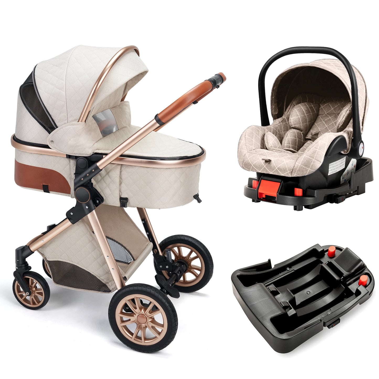 Luxury 3-in-1 High Landscape Baby Stroller Folding Pushchair with Reversible Seat Vista Pram for Comfortable Travel