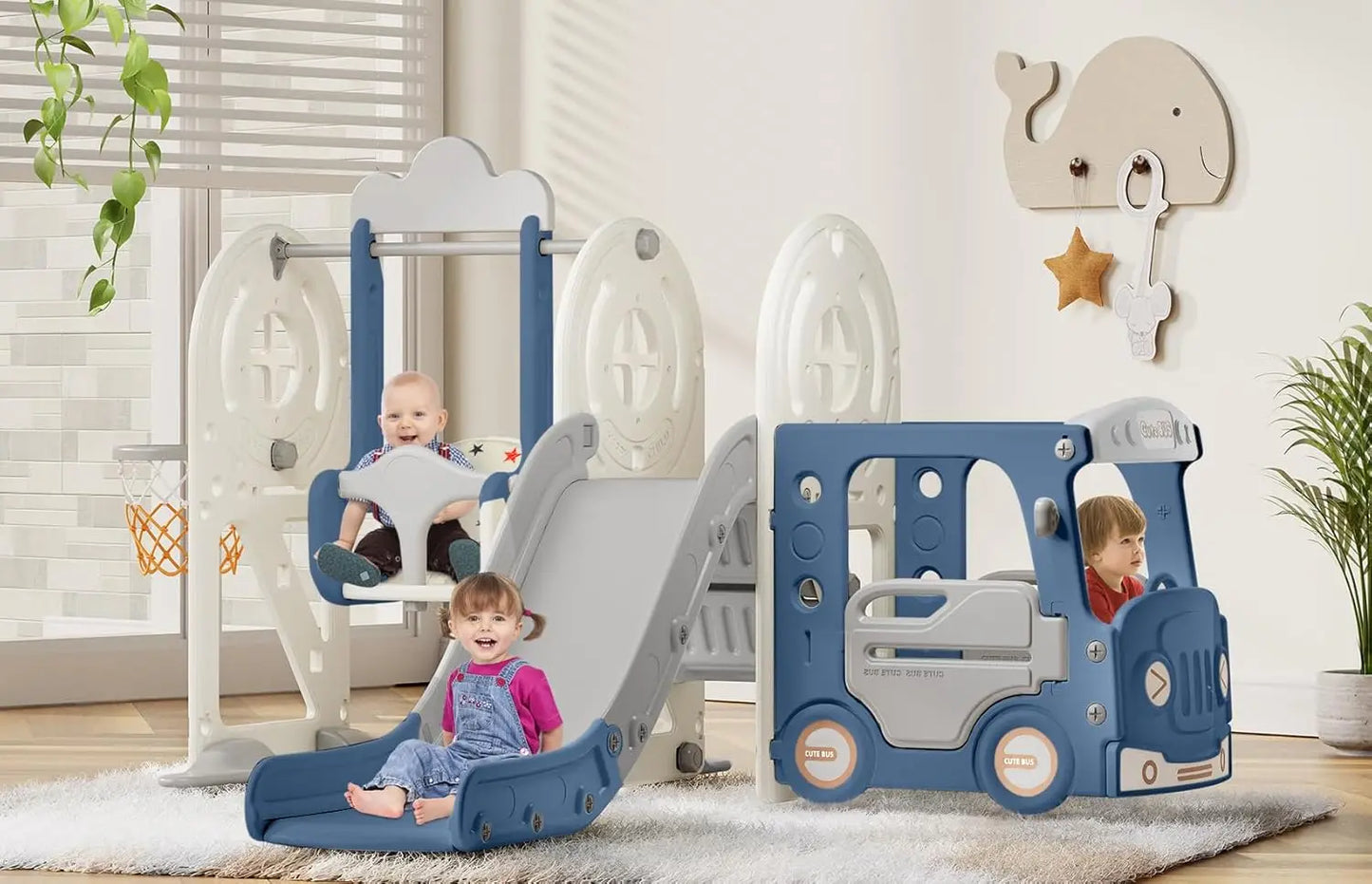 4 in 1 Toddler Slide, Bus Themed Baby Slide for Toddlers Age 1-3, with Basketball Hoop, Indoor Outdoor Playset Playground