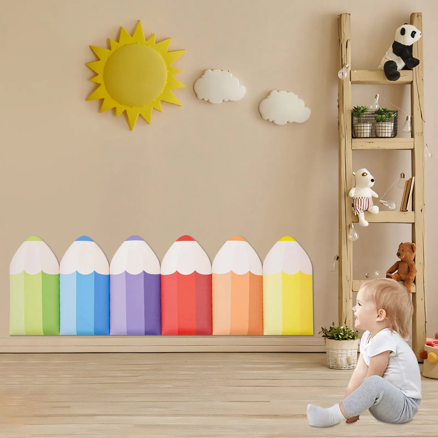 6Pcs 3D Pencil Wall Padding for Kids Room Nursery Soft PU Leather Anti Collision Sticker Self Adhesive Mat