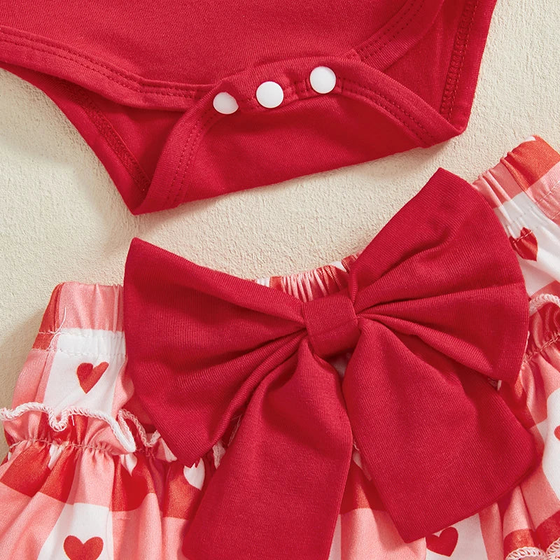 Baby Girl 1st Valentine Outfit Letter Print Long Sleeve Romper with Heart Print Skirt Pants and Bow Tie Headband Socks Set