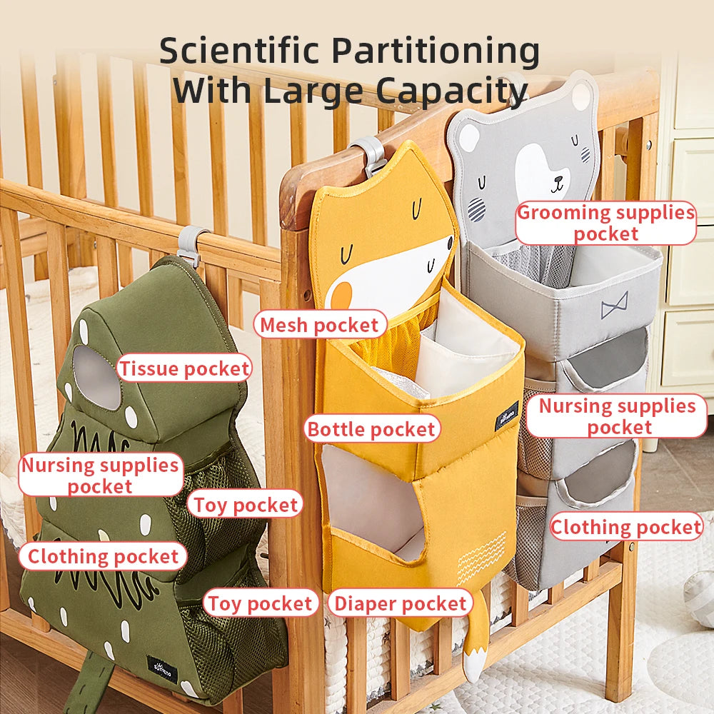 Sunveno Cartoon Baby Crib Hanging Storage Bag, Multi-functional Organizer for Baby Supplies