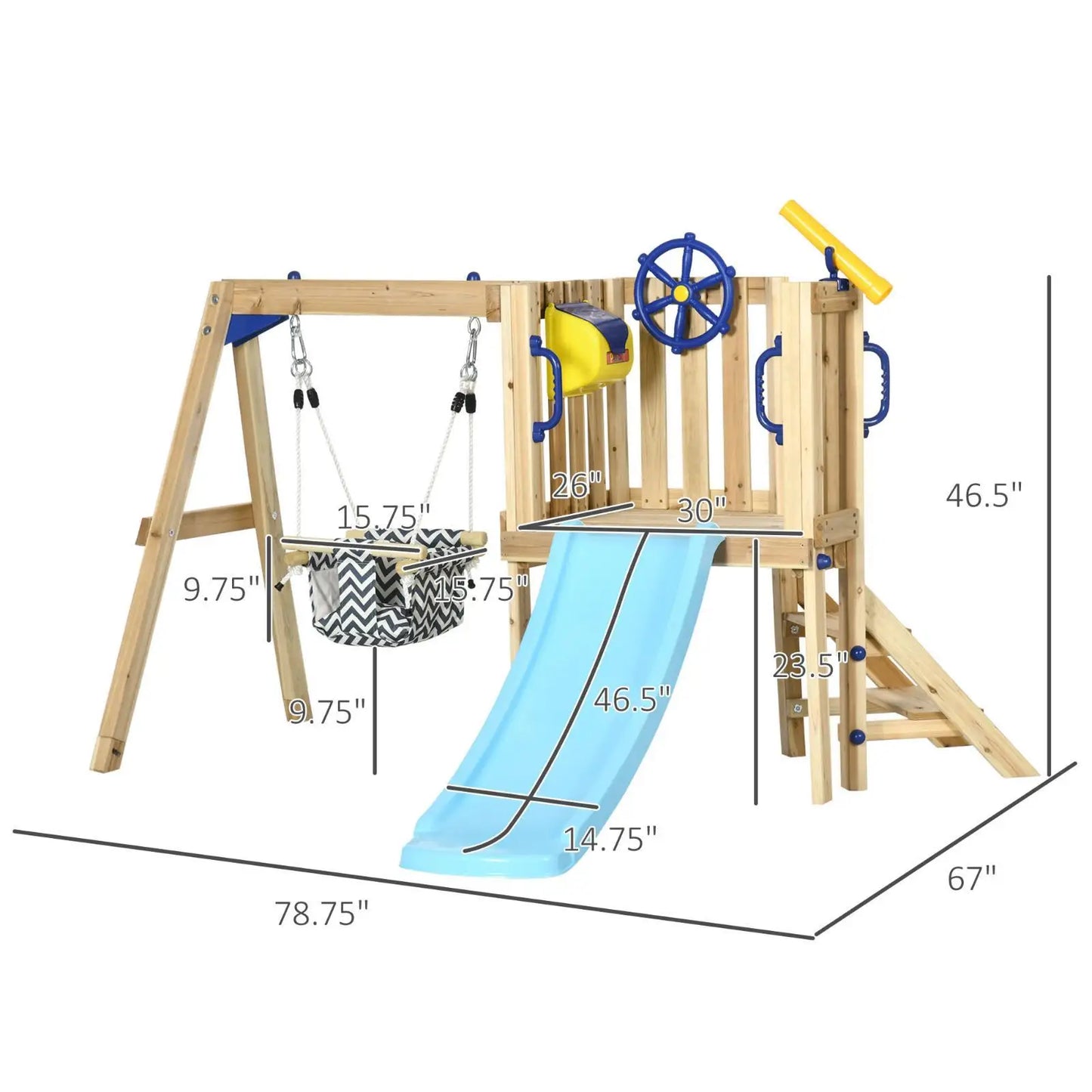 Backyard Wooden Swing and Slide Set with Baby Swing Toddler Slide and Telescope for Kids Playground Fun