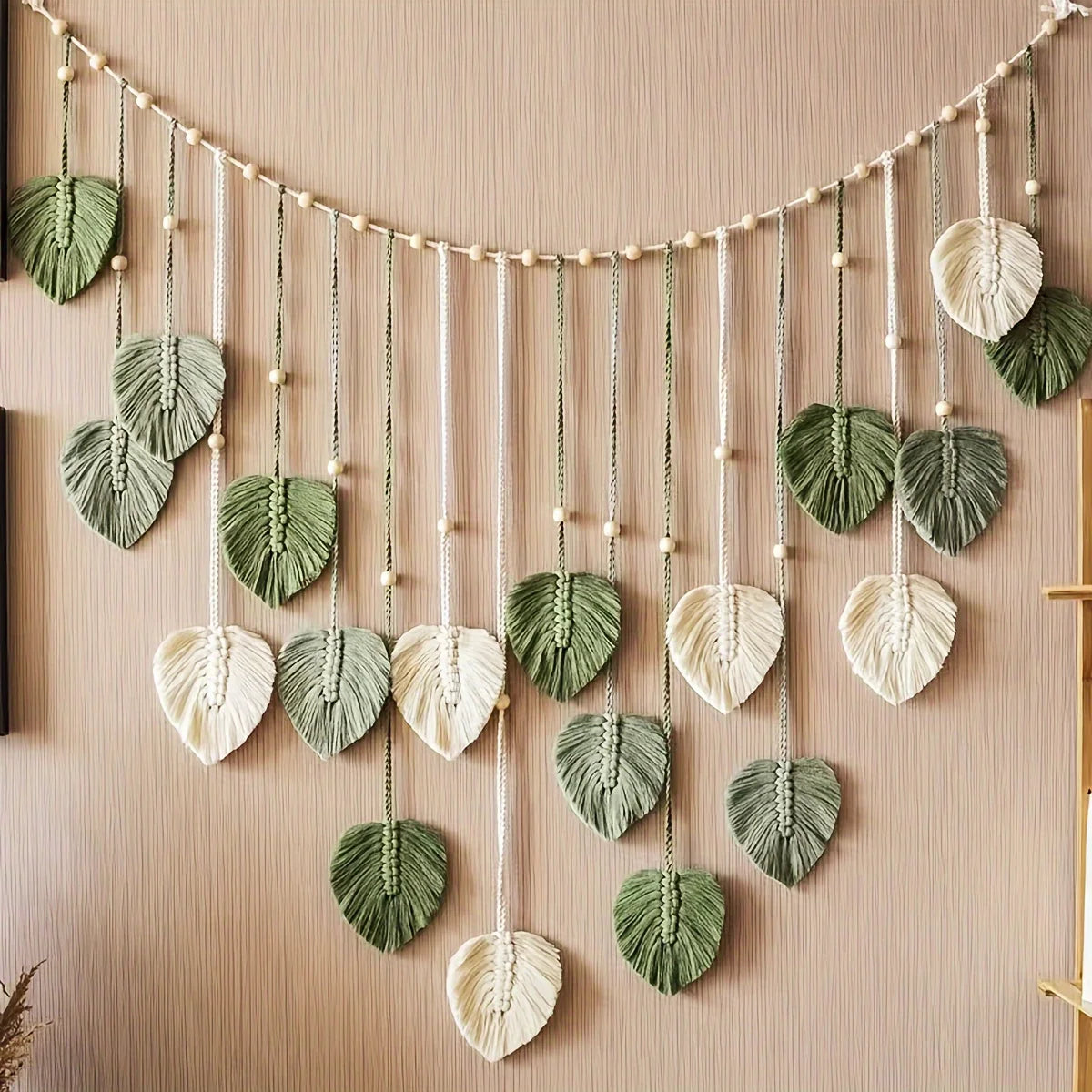 Modern Woven Wall Decor, Beautiful Room Decor, Green Leaves Hanging on The Walls, Bohemian Style, Feather