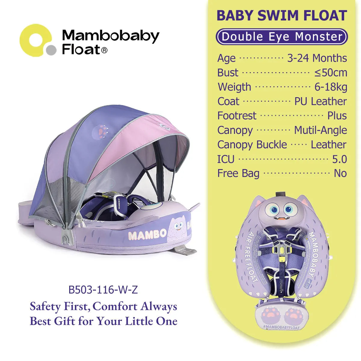 Mambobaby Float No-Slip Safe Harness ST-Cup Cake B503-150-W-Z  Safe Core No Inflation No Leaks Baby Swim Ring Toddler Pool Float