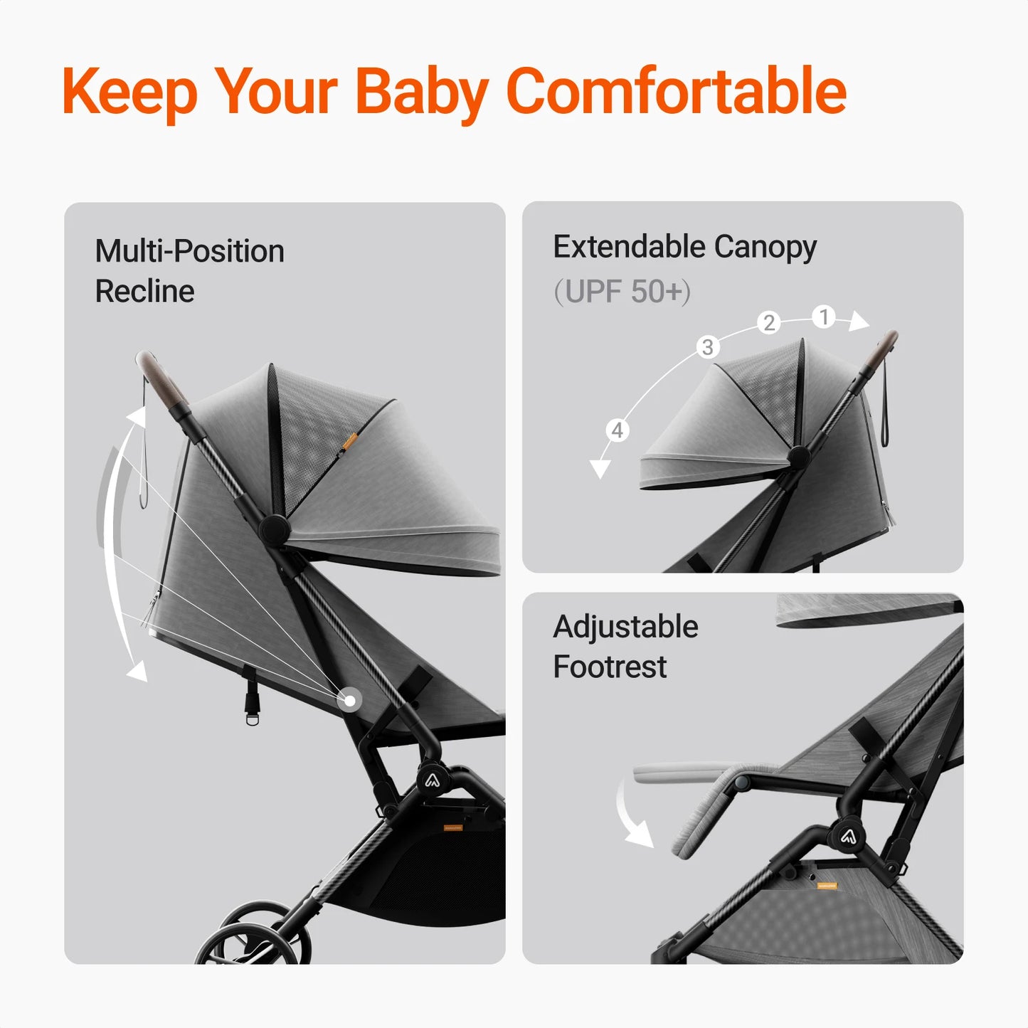 MAMAZING Ultra Air Airplane Stroller Lightweight 11.6lbs Carbon Fiber Frame Easy Fold w/Organizer for Toddlers (GREY)