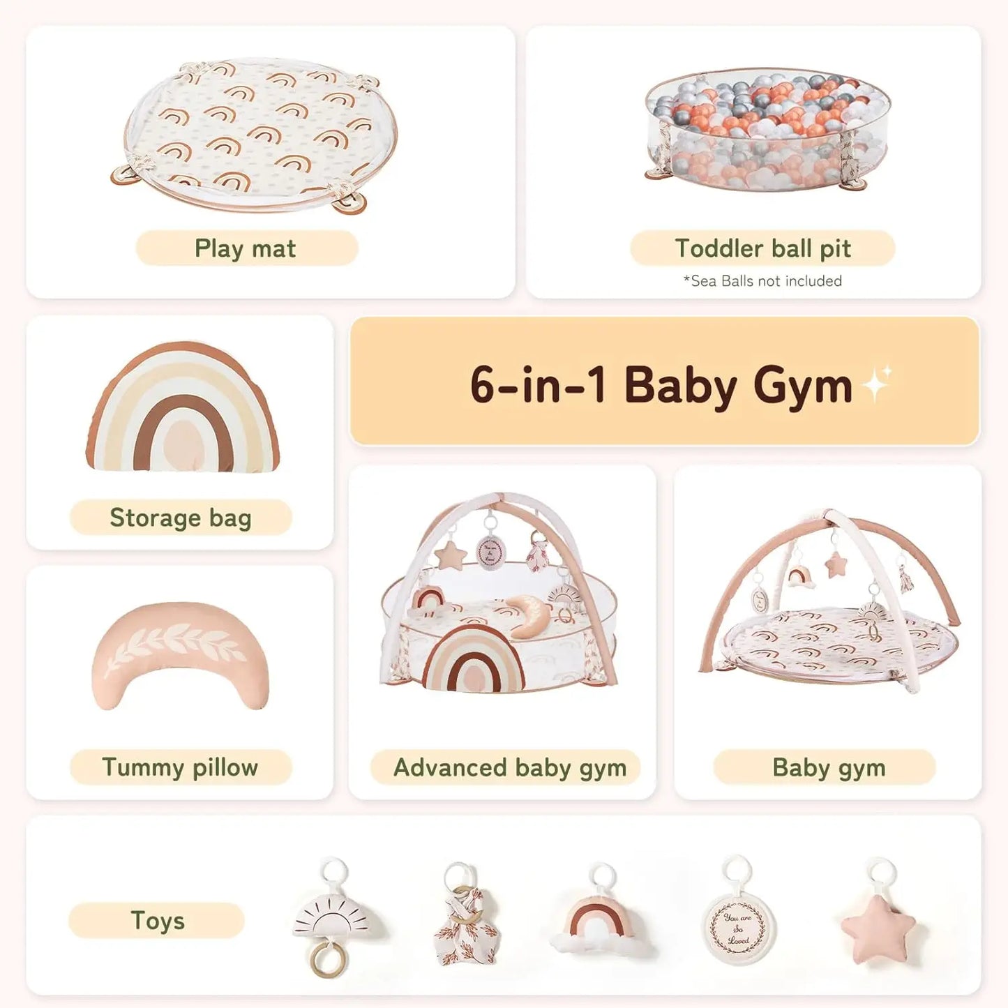 6-in-1 Large Baby Gym & Ball Pit, Play Mat with Milestone Cards for Sensory and Motor Skill Development