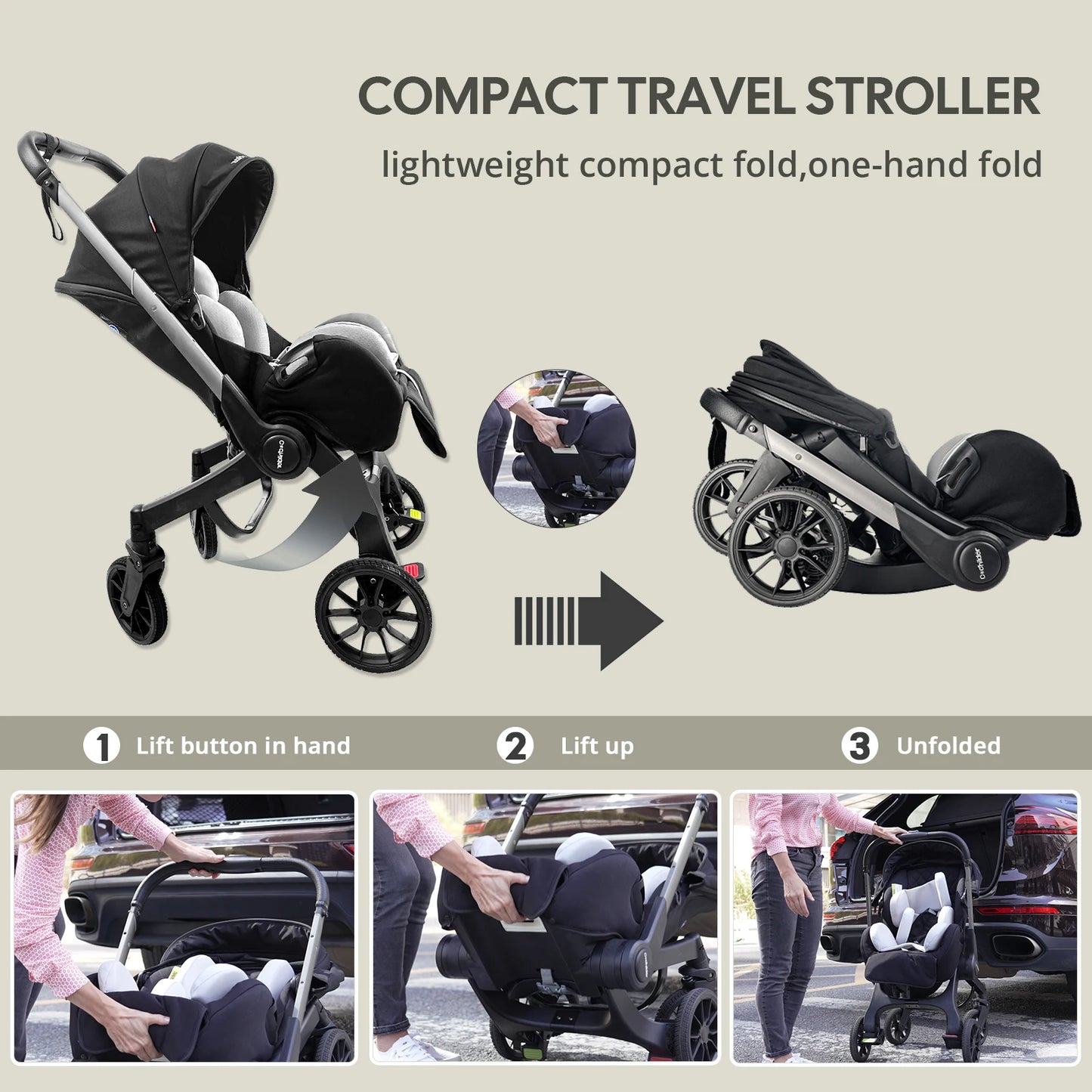 Camping cart, Foldable baby stroller, adjustable backrest, can be pushed in two directions, Suitable for traveling in autumn