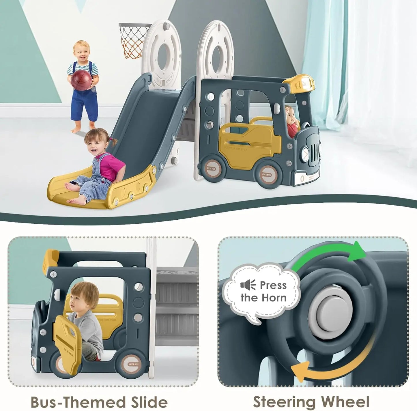 4 in 1 Toddler Slide, Bus Themed Baby Slide for Toddlers Age 1-3, with Basketball Hoop, Indoor Outdoor Playset Playground