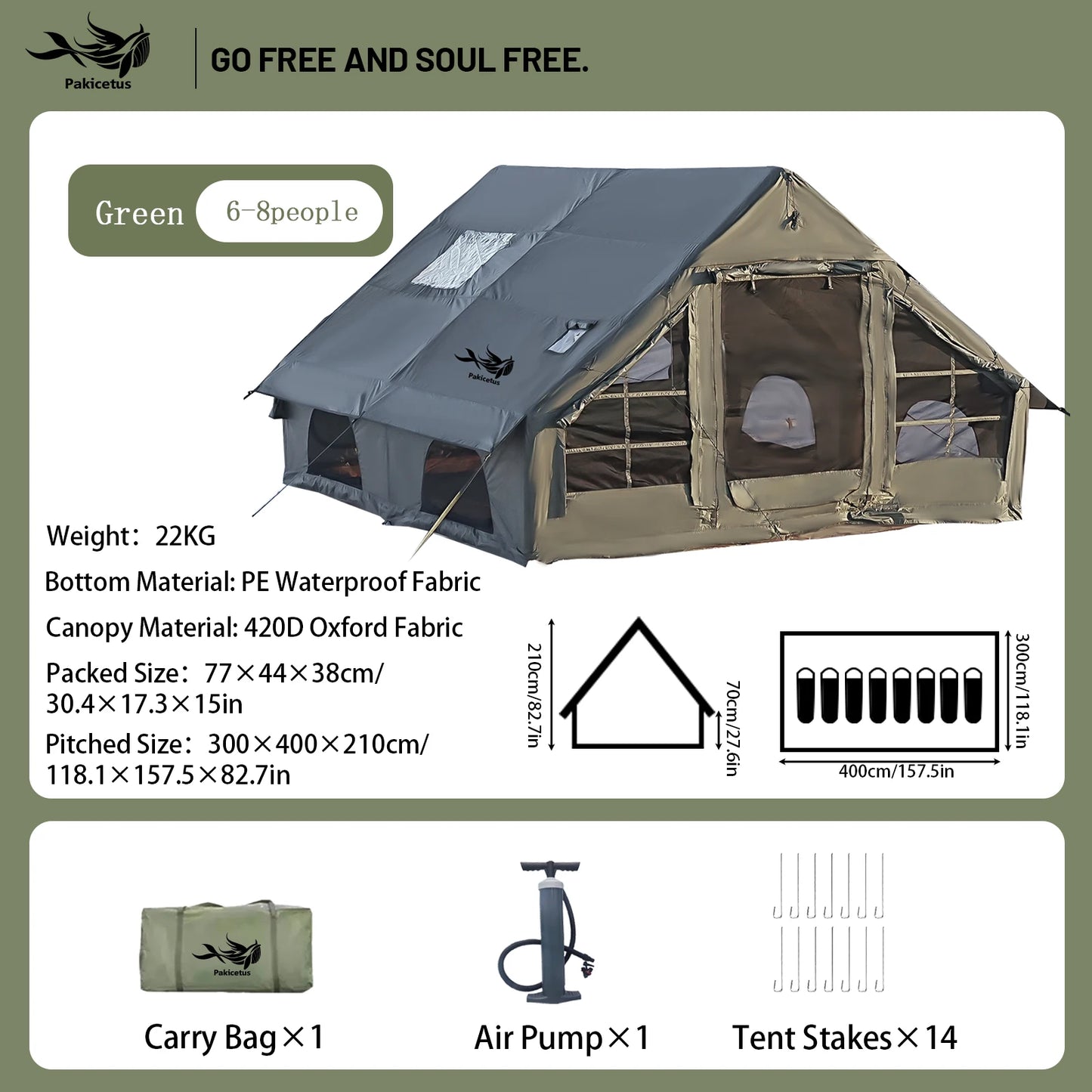 PAKICETUS Large Inflatable Camping Tent with Skylight, Quick Air-Flow & Breathable Mesh Design, Summer Glamping Hot Tents