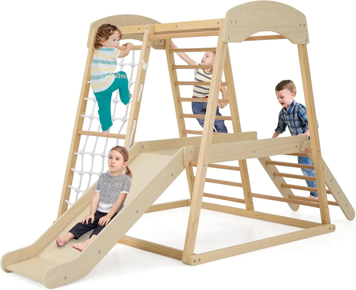 Kids Indoor Jungle Gym, Large 6-in-1 Playground Climber with Slide Ramp, Monkey Bars, Climbing Net, Ladder, Wooden Montessori