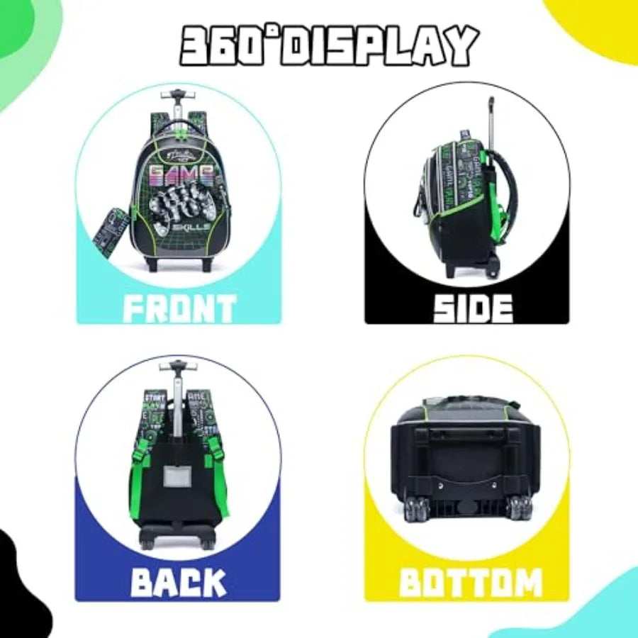 Rolling Backpack with Wheels for Boys Rolling Backpacks with Lunch Box for Elementary School Students 3 in 1 Travel Luggage