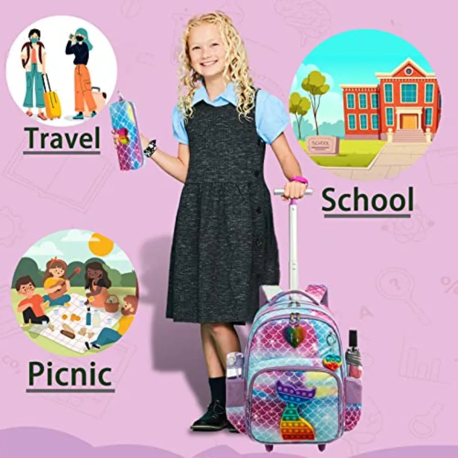 Mermaid Rolling Backpack for Girls Wheels Backpacks for Elementary Student Wheeled Trolley Trip Luggage