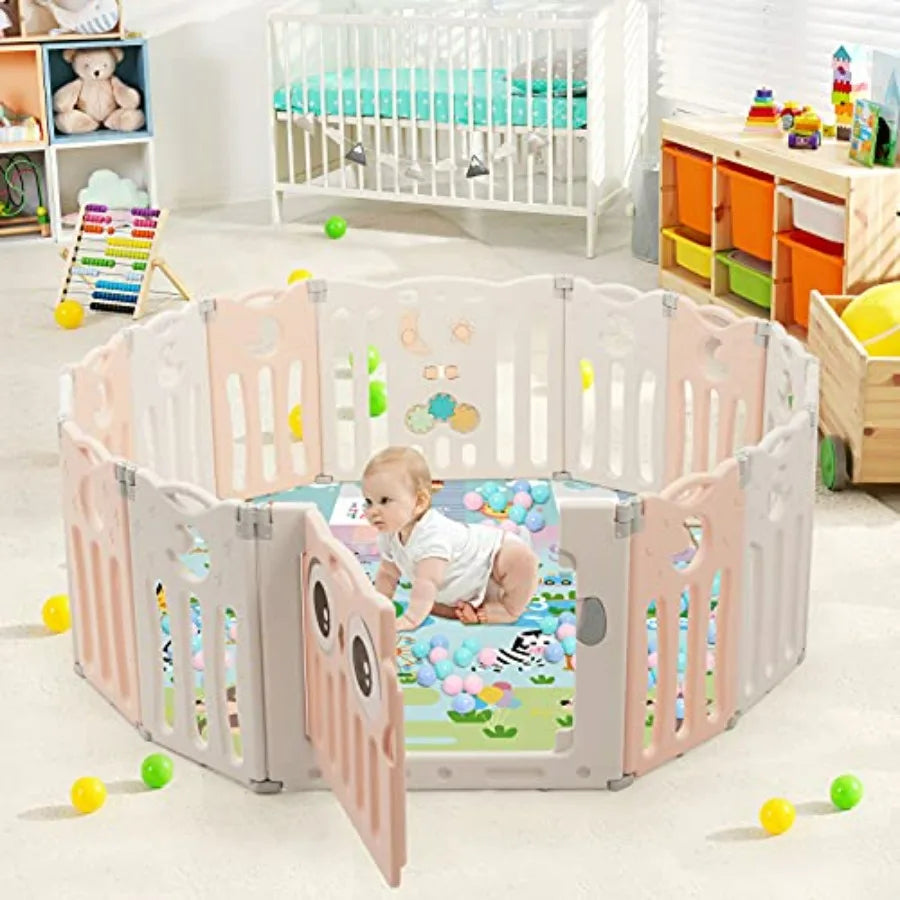 Baby Play Yard 14 Panel Owl Style Infant Playpen Activity Center for Toddlers Anti-Slip Base Lockable Door Indoor Portable Safe