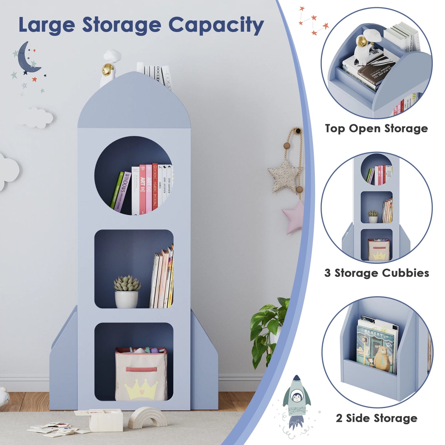 3-Tier Rocket Baby Book Shelf Side shelves, Wood Open Toddler Bookcase, Kids Bookshelf & Toy Storage, Spacious Display Organizer
