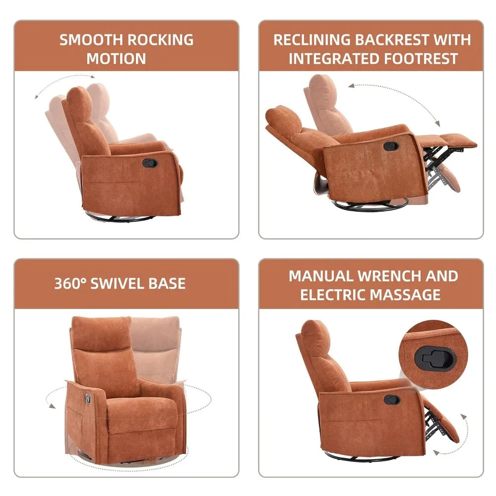 360 Swivel Rocking Recliner Chair for Adults, Nursery Rocking Chair with Heat and Massage, Glider Reclining Chair