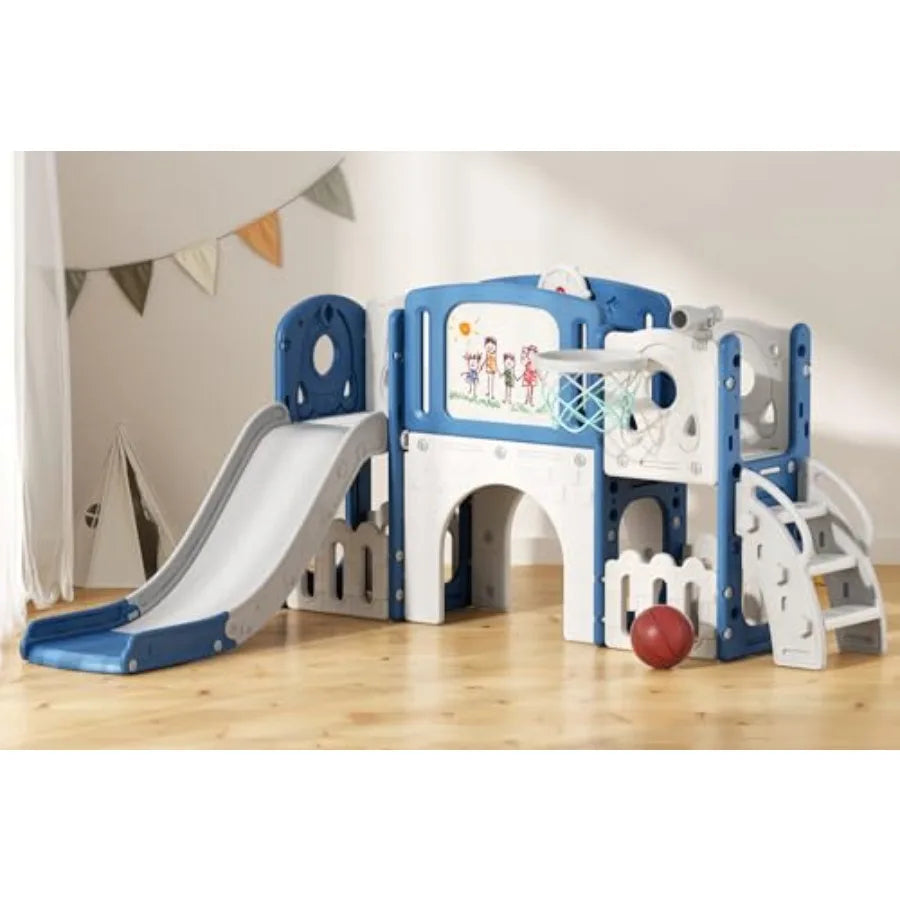 9 in 1 Toddler Slide Outdoor Playset Playground Baby Indoor Slides for Toddlers 1-3 with Climber Basketball Hoop Drawing Board