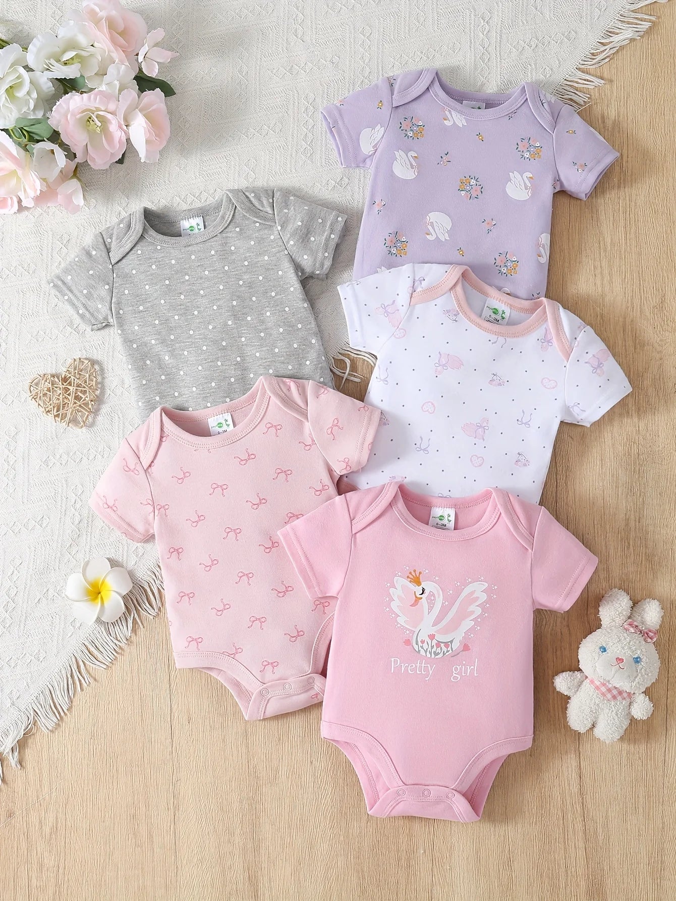 5pcs Baby Girl Romper Set - Cute Animal Print Short Sleeve Outfits with Ribbed Cuffs, Soft Breathable Fabric, All-Season Comfort, Elegant Round Neck Design for Outdoor Play & Casual Attire, Baby Girl Clothes, Playful Babywear