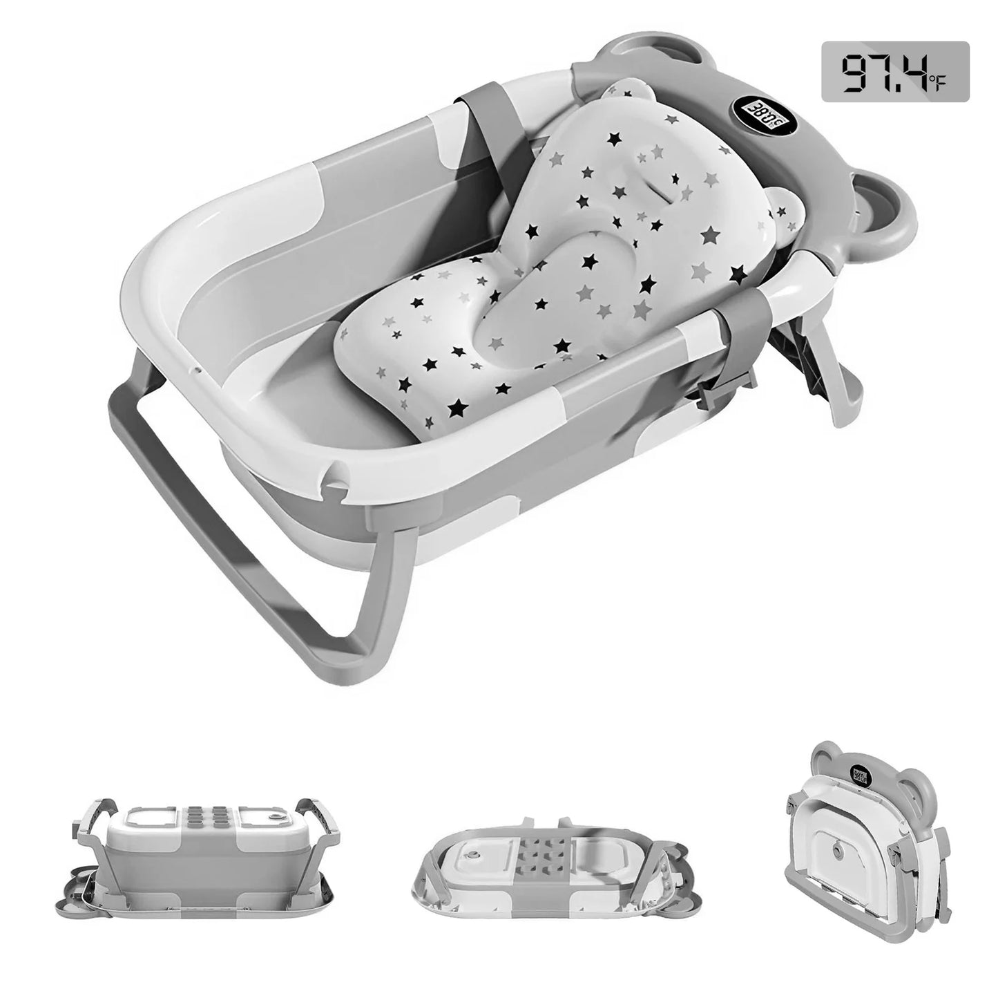 Portable Travel Bathtub, Collapsible Baby Bathtub, with Thermometer & 1 Soft Floating Cushion
