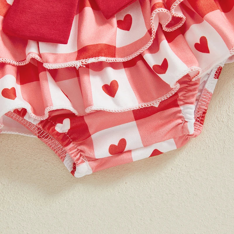 Baby Girl 1st Valentine Outfit Letter Print Long Sleeve Romper with Heart Print Skirt Pants and Bow Tie Headband Socks Set