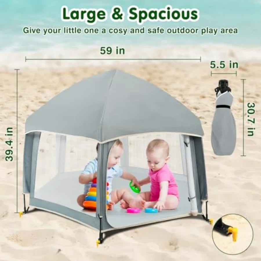 Light Gray Pop Up Playpen for Baby 150100 cm LH with Removable Sun-Shades 2 Side UV Covers Lightwght Outdoor Baby Playpen