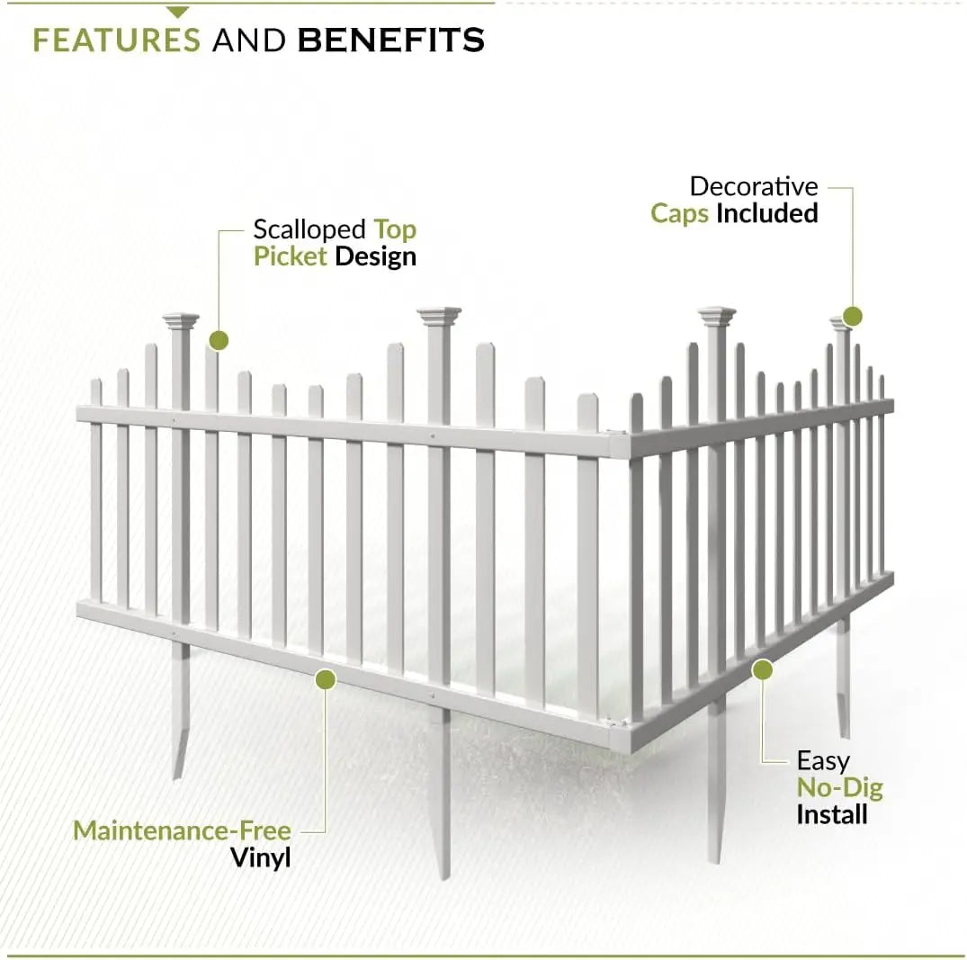 Easy Install No Dig Fence Kit - 2 Panels White Vinyl Garden Border for Yard, Dog Playpen & Child Safety