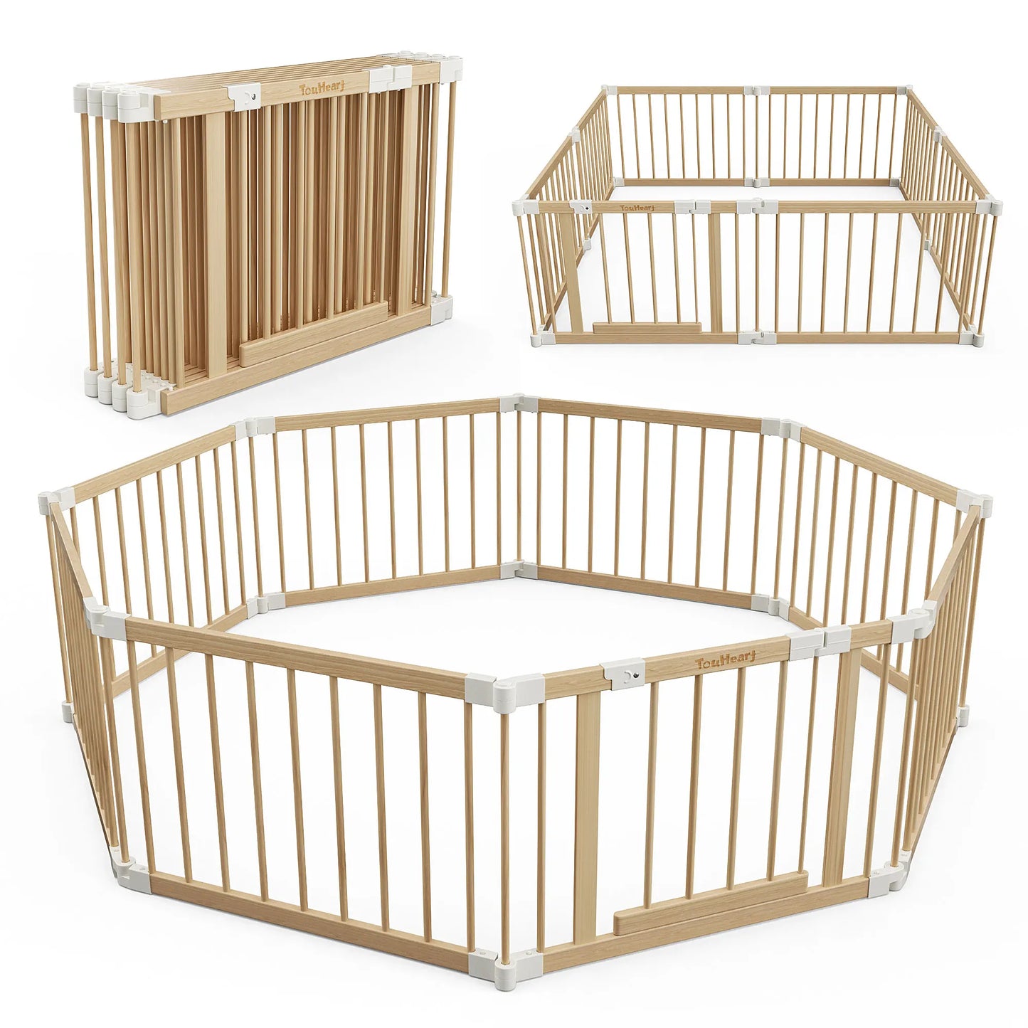 TouHeart Wooden Playpen for Baby & Toddlers, Foldable Large Baby Safe Play Fence